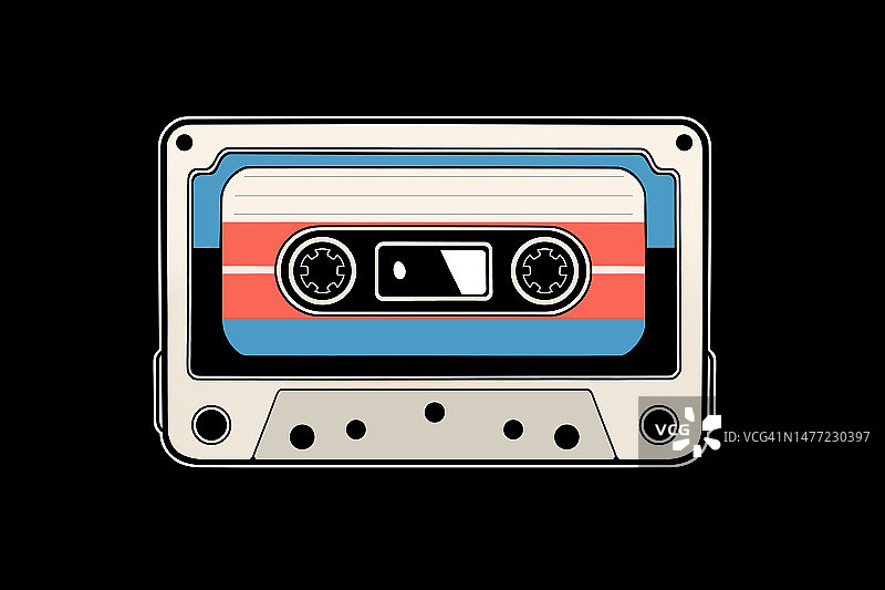 黑色背景上的复古彩色卡式录音带插图图片素材