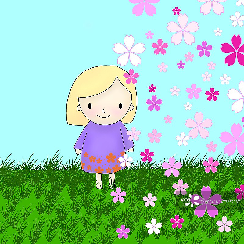 插画：赤脚小女孩在草地上，樱花盛开的春天图片素材