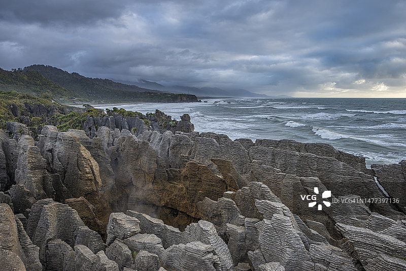 塔斯曼海海岸帕帕罗瓦国家公园的薄煎饼岩石。薄煎饼岩石是韦斯特波特和格雷茅斯之间石灰石景观的薄煎饼状岩层图片素材