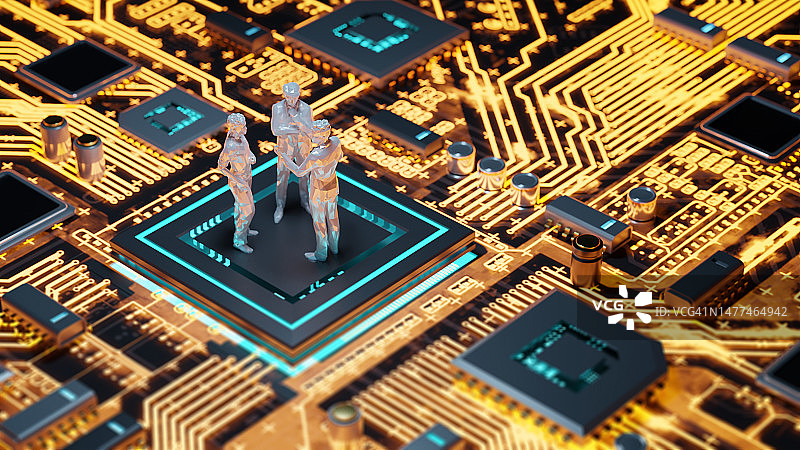 主板CPU上的抽象几何人物：团队合作与科技概念图片素材