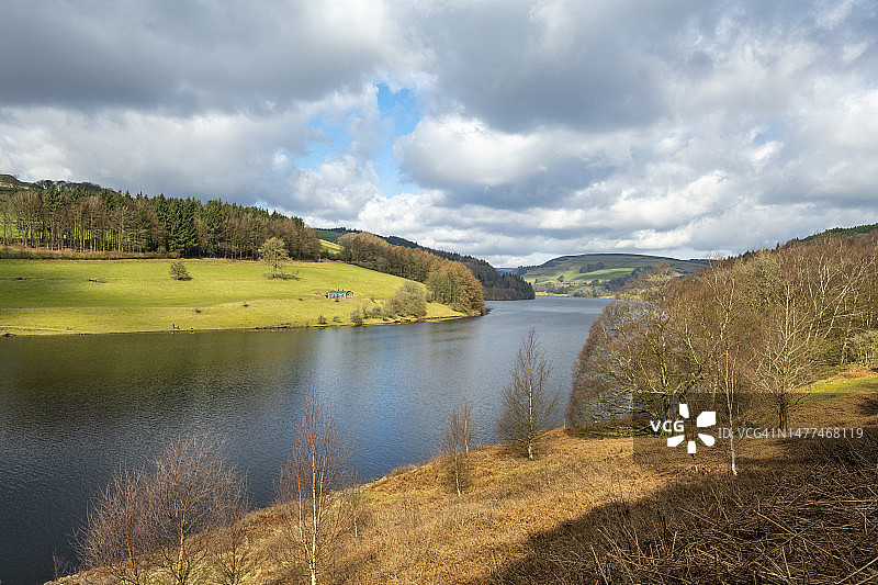 英格兰德比郡峰区国家公园莱迪鲍尔水库的春日图片素材