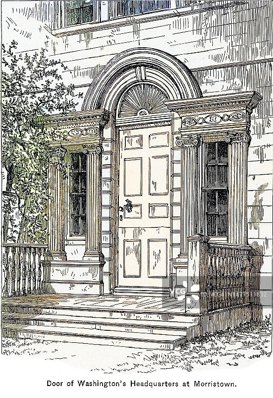 乔治·华盛顿在莫里斯敦总部（福特大厦）的门古版画图片素材