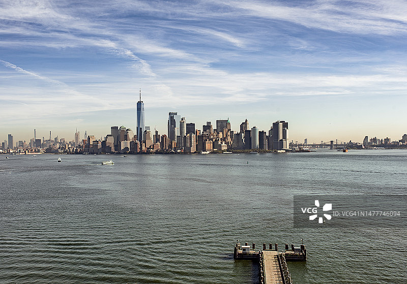 从自由岛看曼哈顿天际线，美国纽约市图片素材