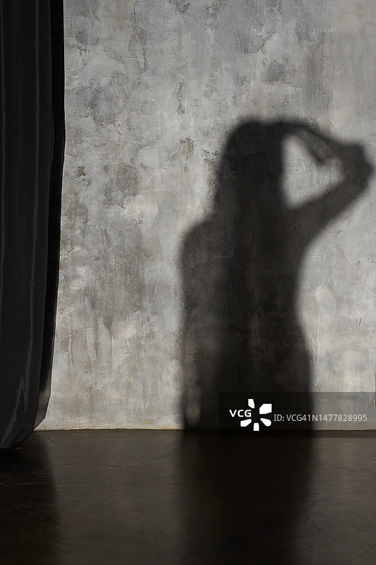 墙上用手比心的女人的影子，带有复制空间。手持相机的女人图片素材