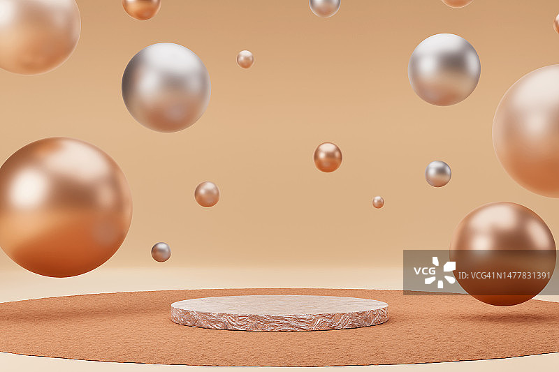 米色领奖台与金银3D球体产品展示台，流行柔和色图片素材