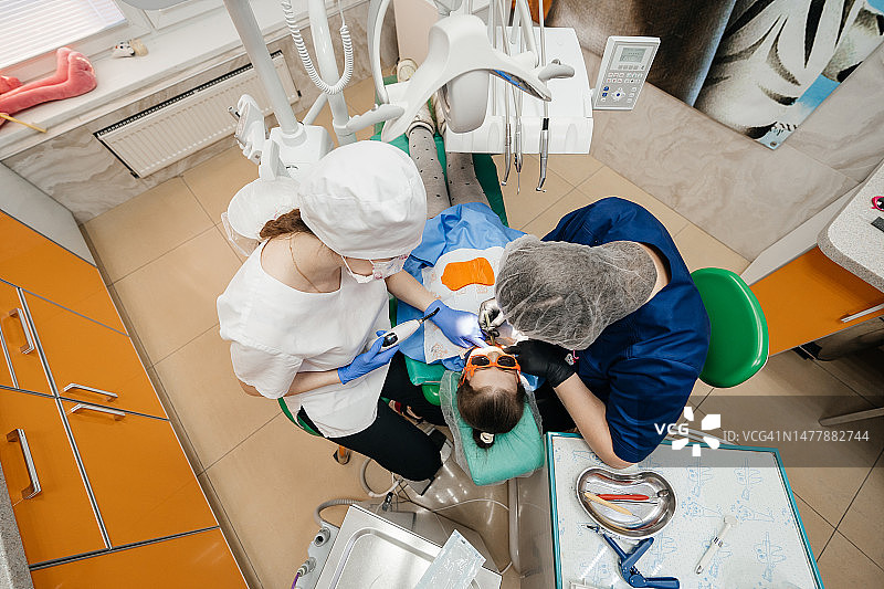 儿科牙医和助手治疗儿童牙齿图片素材