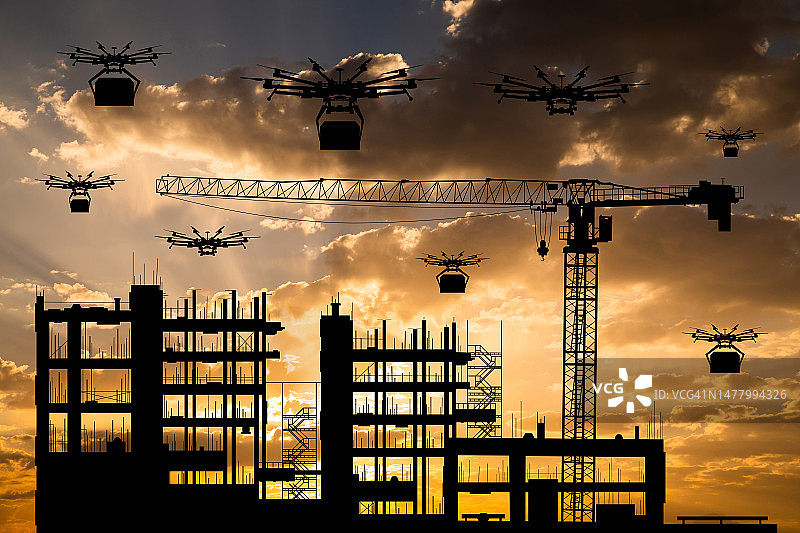 日落时分的建筑工地工业无人机图片素材