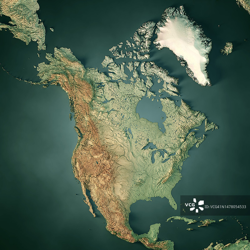 北美洲地形图3D渲染深色海洋图片素材