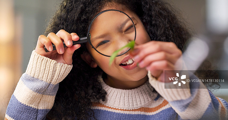 儿童生物学：女学生用放大镜研究自然，进行课业学习。观察植物，研究科学，促进儿童发展图片素材