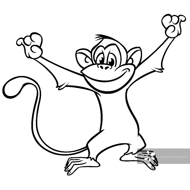 卡通趣味黑猩猩轮廓，快乐的猴子角色矢量插图，用于着色书，黑白轮廓动物图片素材