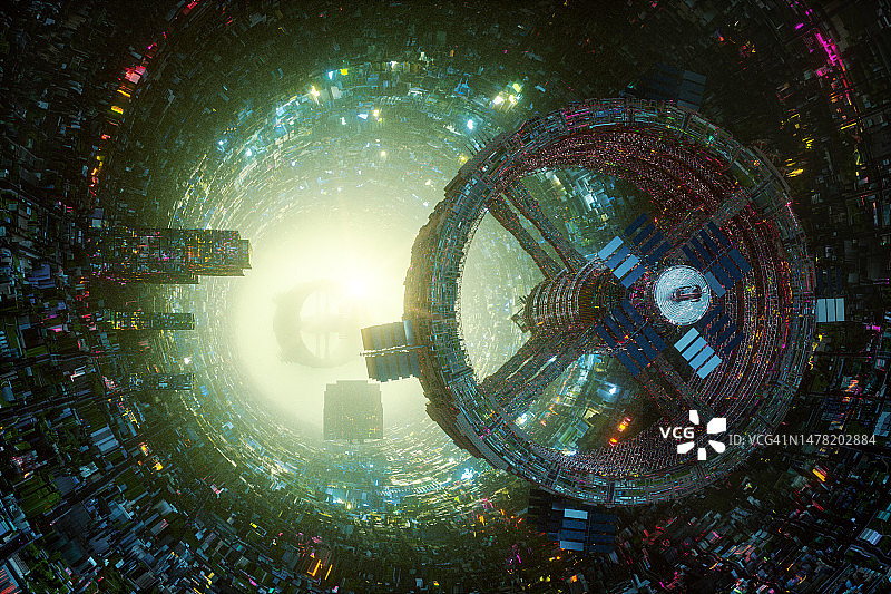 未来宇宙飞船飞过大型城市走廊图片素材