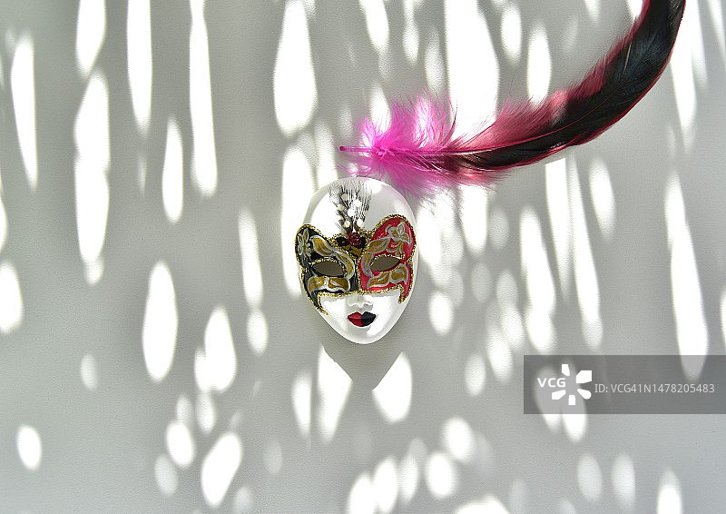 白色背景上装饰有羽毛的狂欢节面具图片素材