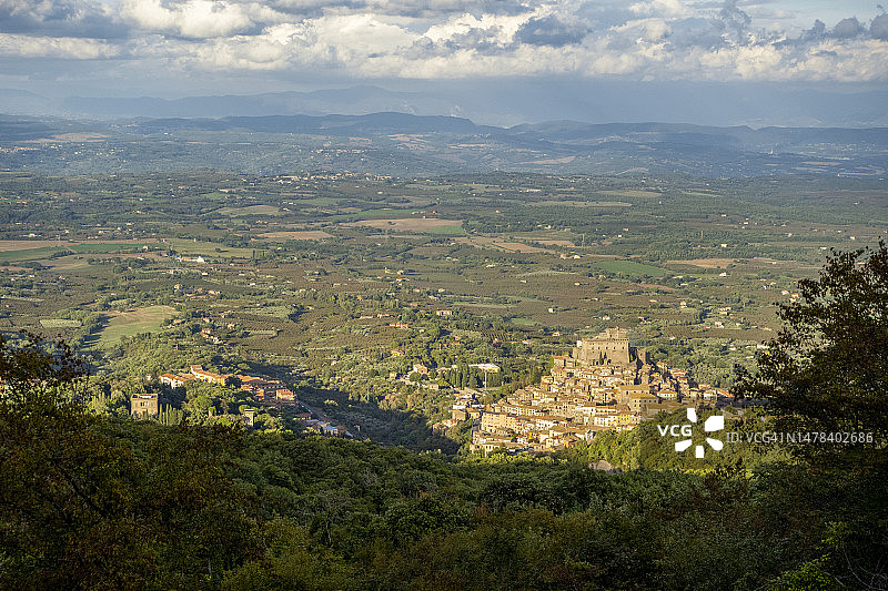 阳光明媚的一天，带有奥尔西尼城堡的古镇图片素材