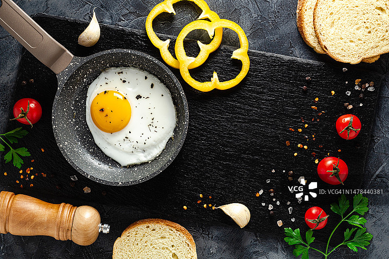 平底锅煎蛋搭配新鲜蔬菜香料图片素材