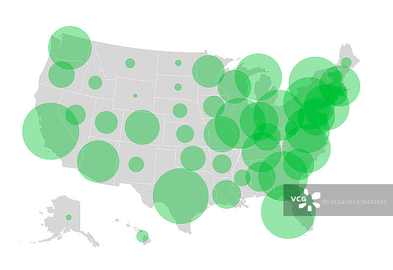 美国地图：各州人口分布示意图片素材