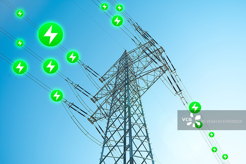 电力线路、电线杆、电力塔、电网、可再生能源、绿色能源、清洁能源、可持续能源发电、电力供应、发电厂、基础设施、能源工业、能源基础设施图片素材
