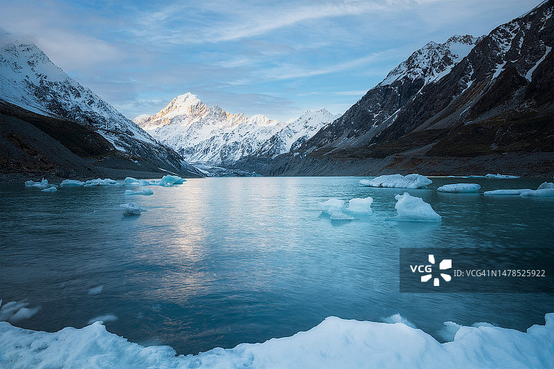 新西兰坎特伯雷胡克湖冰冻湖面风光图片素材