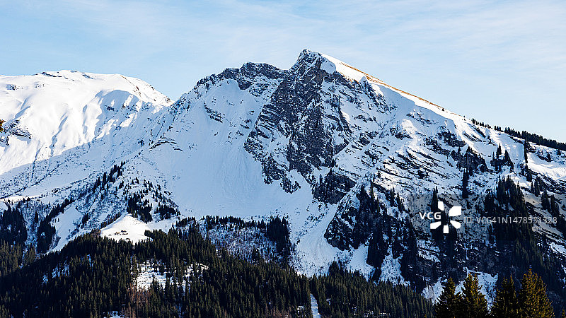 法国阿沃里亚兹：阿尔卑斯山的雪山峰，阿沃里亚兹，莫尔济讷图片素材