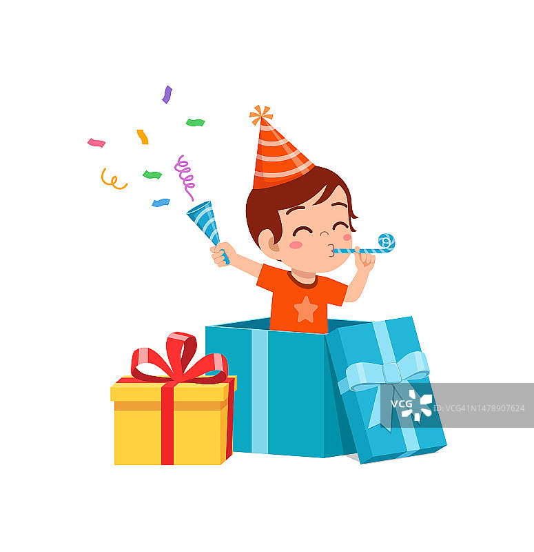小孩在大型礼品盒内庆祝生日和玩耍图片素材