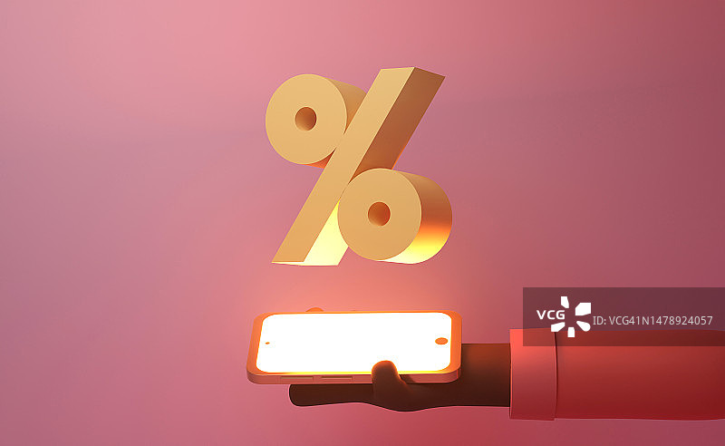 具有百分号％的Low Poly手，智能手机上的金融科技交易，3D渲染图片素材