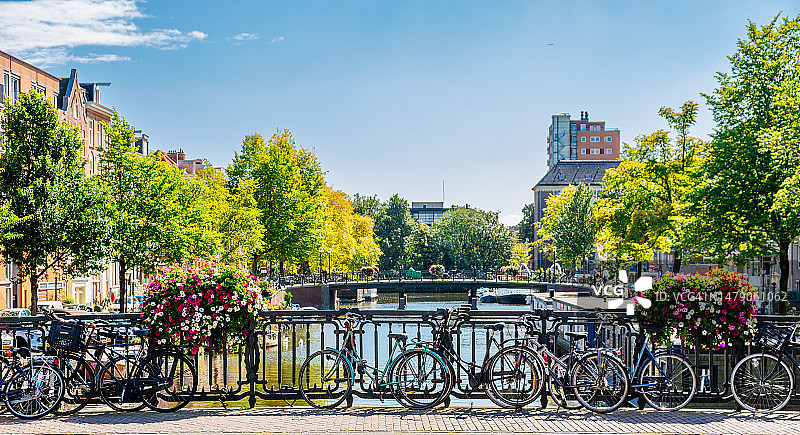 晴朗天空下阿姆斯特丹运河上的桥梁图片素材