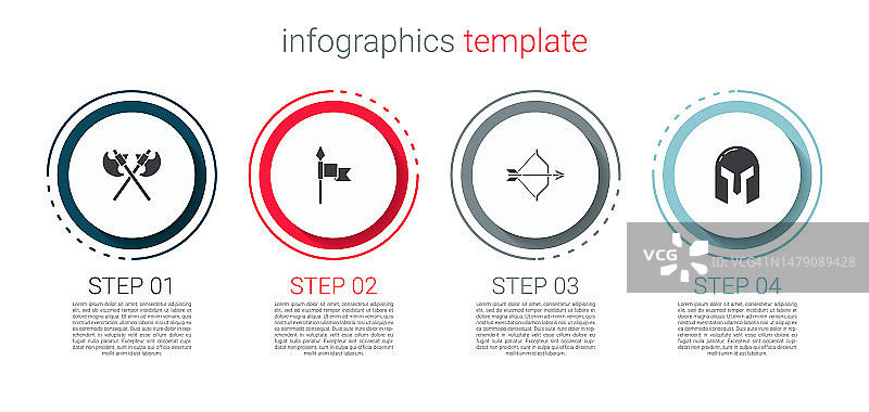 中世纪斧头，中世纪长矛，弓箭和铁头盔。业务信息图模板。向量图片素材