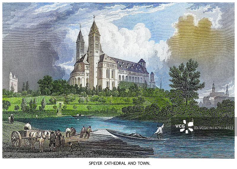 德国施佩耶尔大教堂和城镇古版画插图图片素材