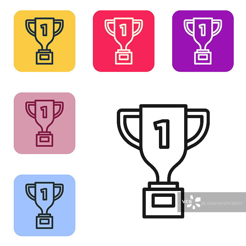 白色背景上的黑色线条奖杯图标。冠军奖杯标志。彩色方块按钮中的图标集。矢量图图片素材