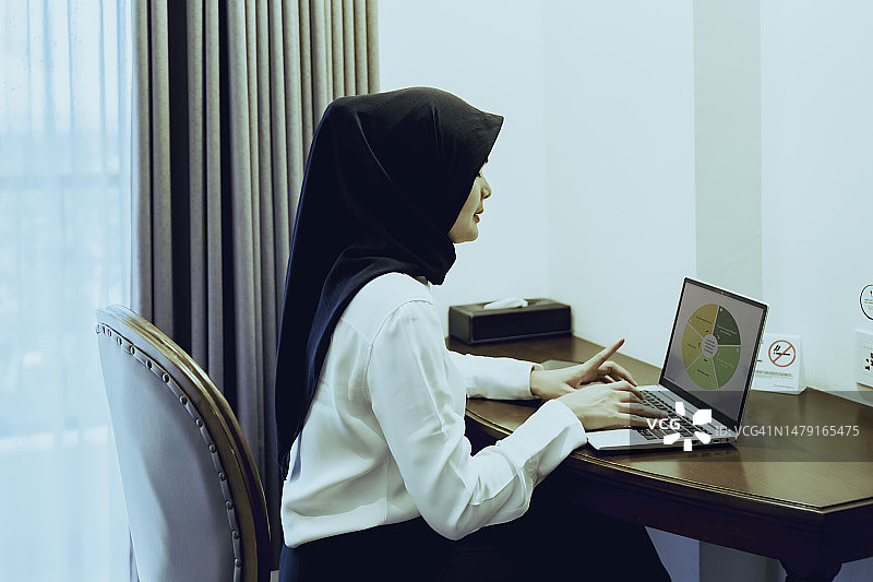 女商人在酒店房间使用笔记本电脑图片素材