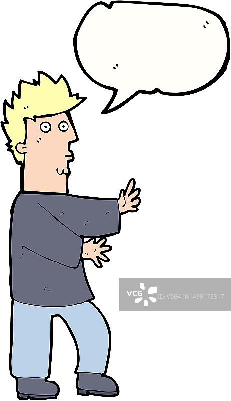 卡通紧张的男人挥手示意，带有对话气泡图片素材