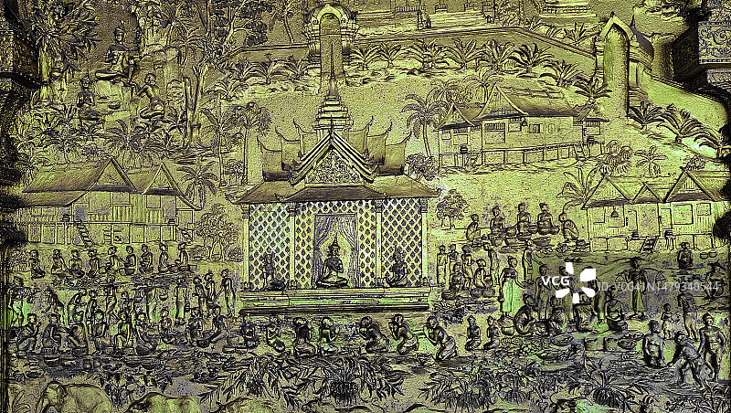 聚焦老挝琅勃拉邦寺的金色浮雕图片素材