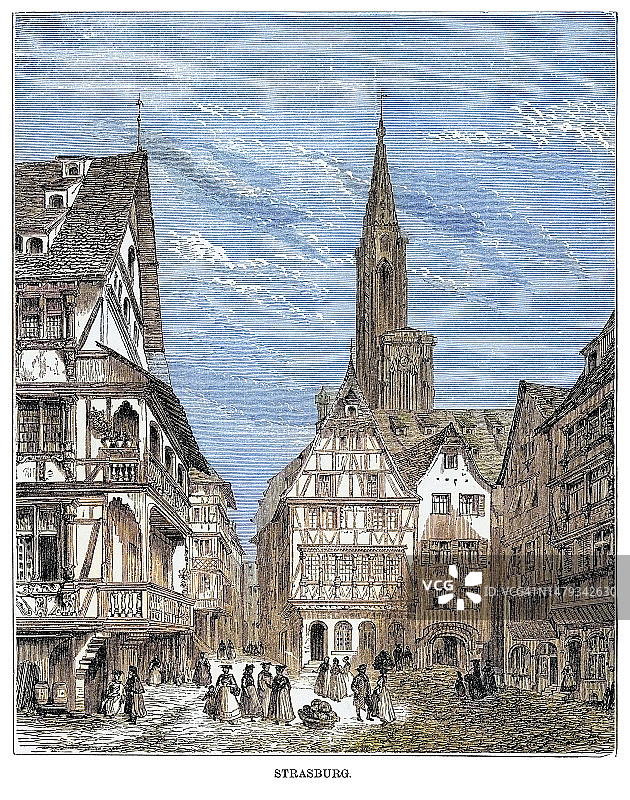 斯特拉斯堡古版画插图（法国东部大东区首府及最大城市，欧洲议会法定所在地）图片素材