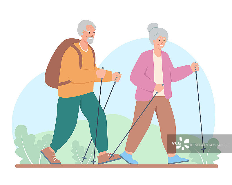 老年人积极健康的生活方式概念。老年夫妇步行、徒步旅行图片素材