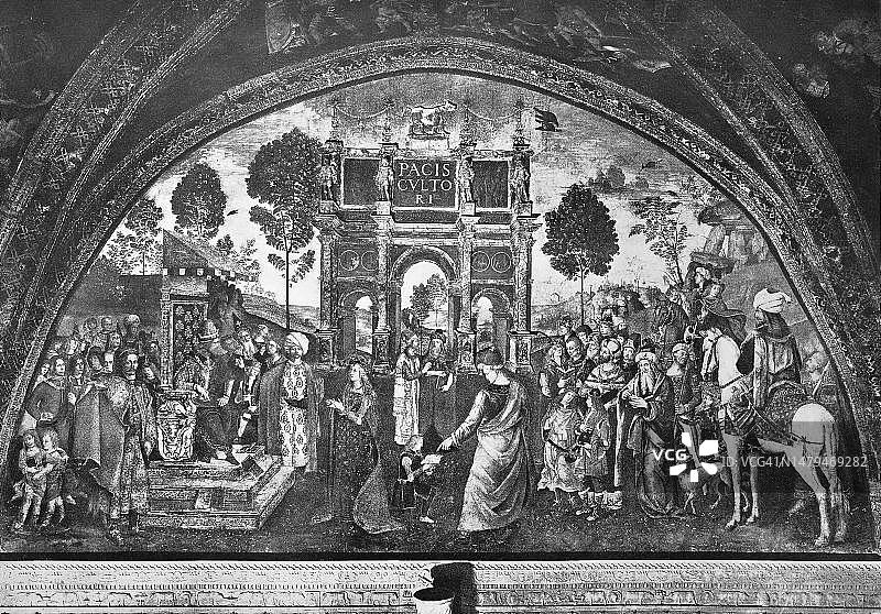 亚历山大圣凯瑟琳辩论的历史描述，亦称轮刑圣凯瑟琳和大殉道者凯瑟琳，在罗马博尔吉亚之家绘画中，于西罗马卷毛狨（Petronius）马克西姆斯面前图片素材