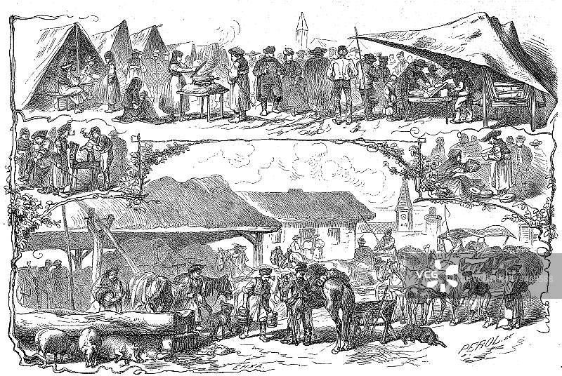 普斯塔村庄的集市日，约1885年，匈牙利，历史照片，19世纪原始照片的数字修复再现，确切的原始日期未知图片素材