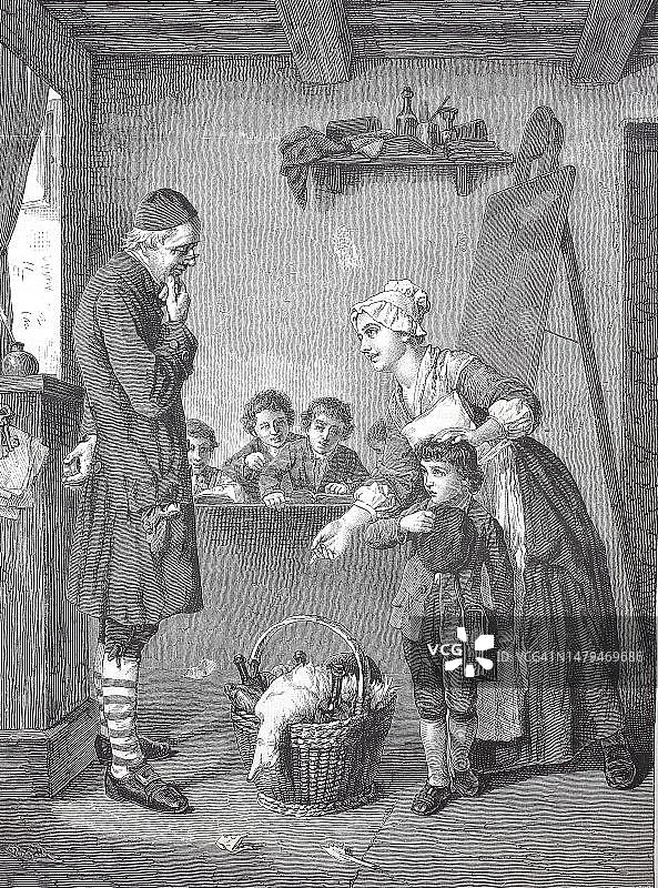 1885年德国：学校课堂上老师和学生，母亲带来礼物——鸭子和啤酒（历史照片数字化修复，确切日期未知）图片素材