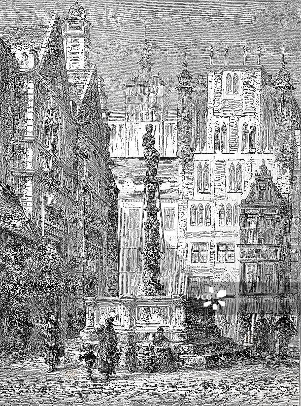 希尔德斯海姆历史悠久的集市广场(约1885年),德国下萨克森州,19世纪原版历史数字修复复制品,确切的原始日期未知图片素材