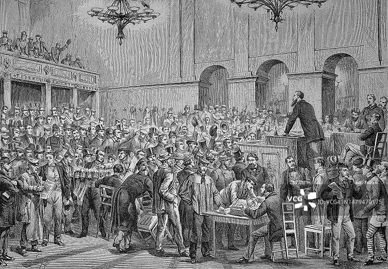 奥地利维也纳工人集会：维也纳起义或十月革命，历史资料，19世纪原始资料的数字修复再现，确切的原始日期未知图片素材