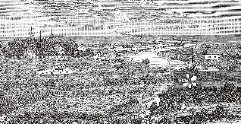 1885年波兰格但斯克港口的新水域（历史照片，19世纪原版数字修复复制品，确切原始日期未知）图片素材