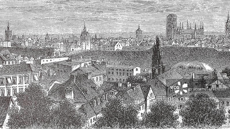 从主教山看到的格但斯克风光，波兰，1885年，历史照片，19世纪原创绘画的数字修复复制品，确切的原始日期未知图片素材