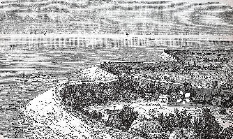 东弗里西亚海岸的堤坝沼泽地（19世纪画作复刻）图片素材