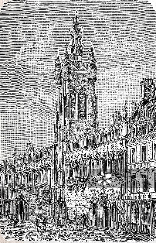 1882年法国上法兰西大区杜埃市政厅（历史照片，19世纪绘画的数字修复复制品，确切的原始日期未知）图片素材