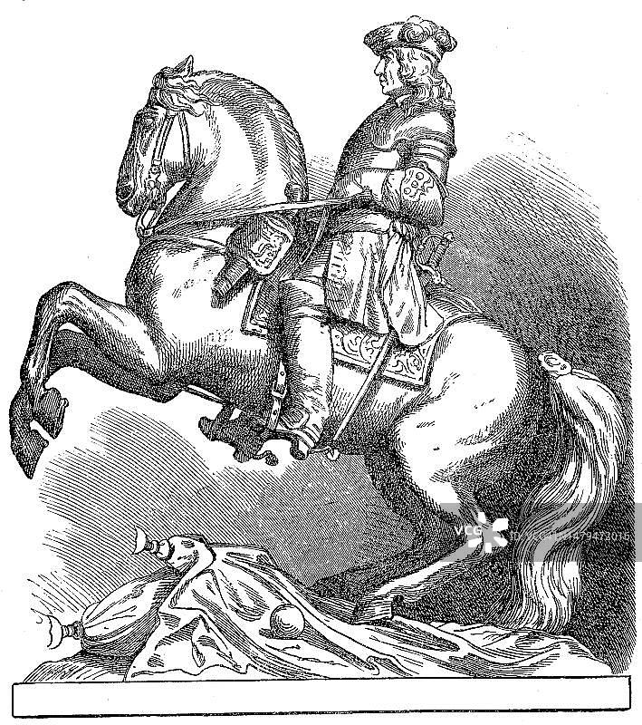 1879年奥地利维也纳的欧根亲王骑马雕像，历史照片数字化修复图片素材