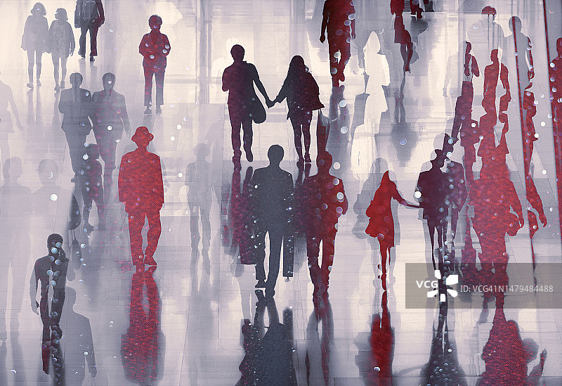 人们在现代城市中行走和购物的多次曝光图片素材