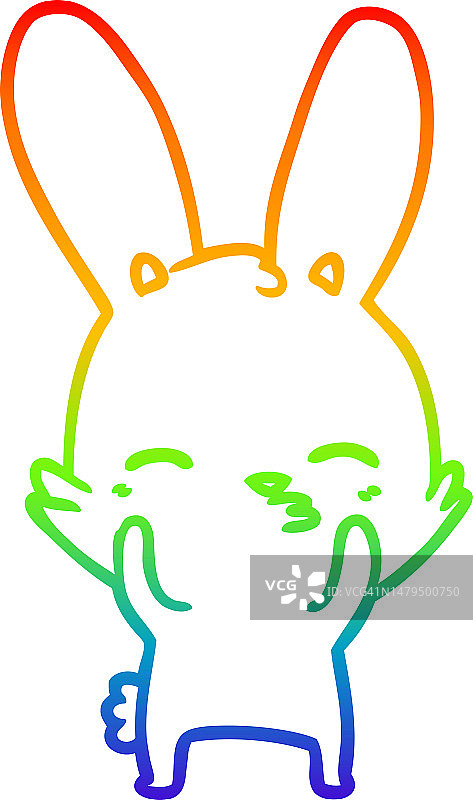 好奇的挥手兔子卡通形象（彩虹渐变线条画）图片素材