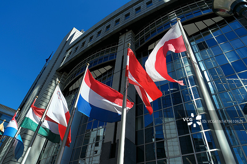 欧洲议会大厦前的欧洲各国国旗图片素材