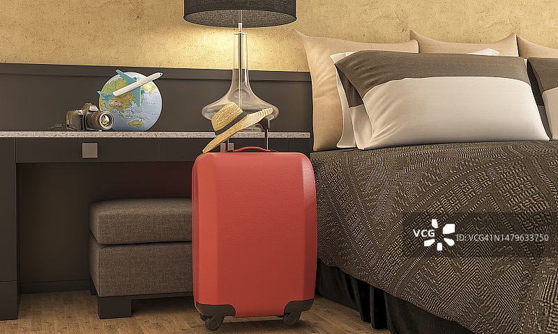 酒店房间内的红色行李箱旅行概念图片素材