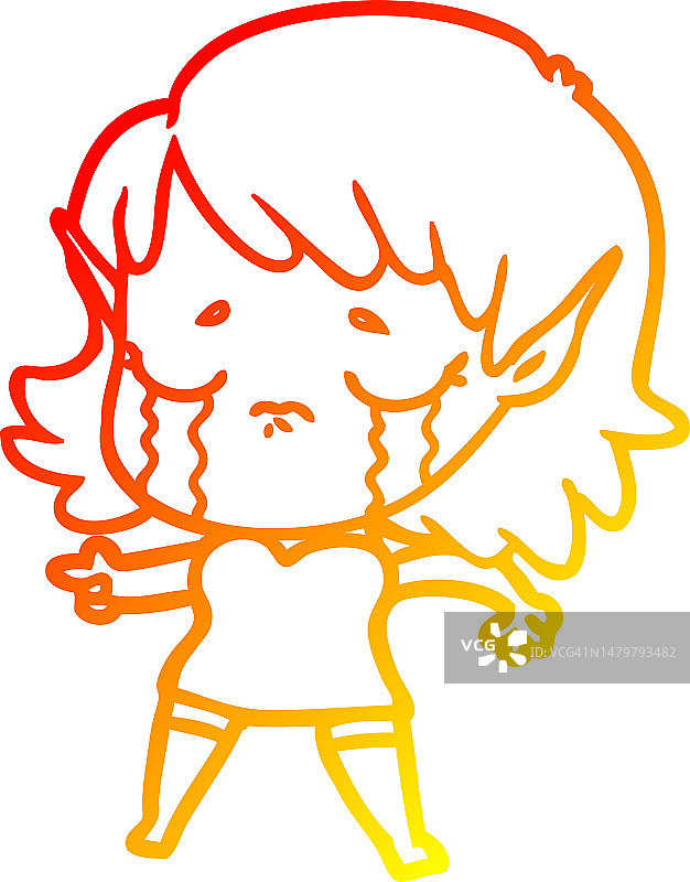 卡通哭泣精灵女孩的渐变线条画图片素材