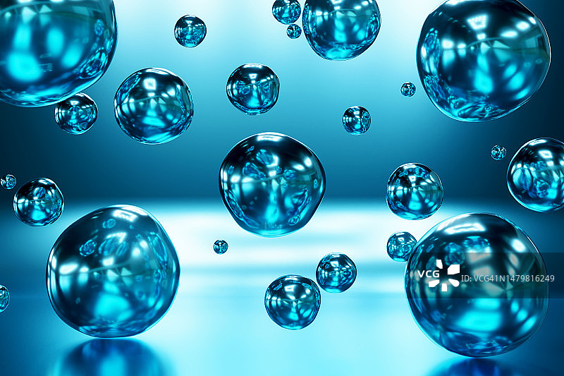 光面蓝色水滴、分子、气泡和球体3D图案背景图片素材