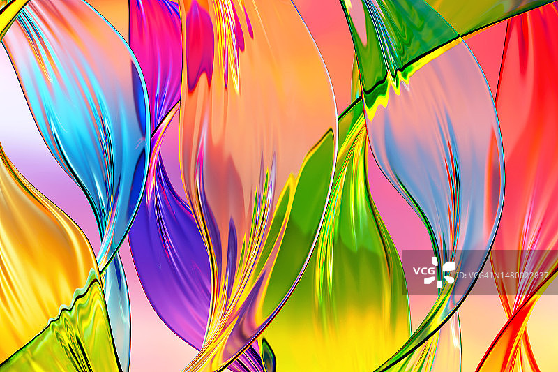 美丽的玻璃飞溅，透明清澈的黄色紫色绿蓝红色液体，抽象3D彩色分层背景图片素材